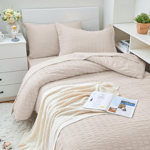 HYMOKEGE Twin XL Comforter Set - 5-Piece Seersucker Luxury Bedding Set in Beige for All Seasons