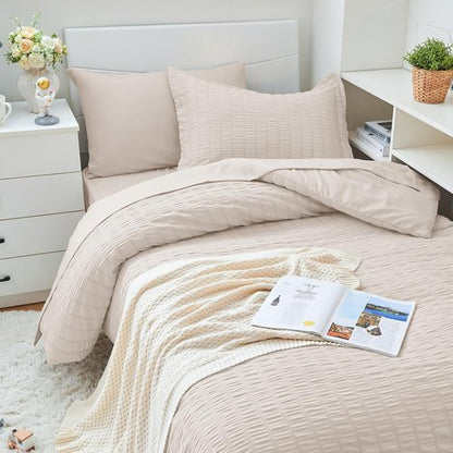 HYMOKEGE Twin XL Comforter Set - 5-Piece Seersucker Luxury Bedding Set in Beige for All Seasons