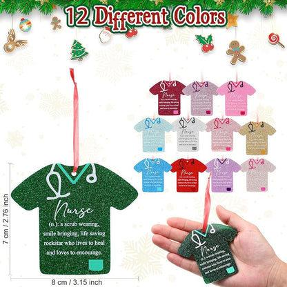 12 Pcs Christmas Nurse Ornament Set - Nurse Scrub Figures with Red Ribbon, Gift for Healthcare Workers