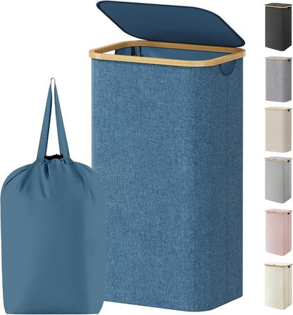 Lifewit 100L Laundry Basket - Foldable Hamper with Lid & Bamboo Handles | Dark Blue, Removable Bag