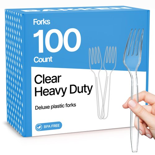 Bakken Disposable Cutlery Set 100 Pieces Forks, Heavy Duty Plastic Silverware, BPA-Free Food-Grade Materials, Heat-Resistant, Reusable Utensils for Parties, Catering, BBQs, and Everyday Use, Clear