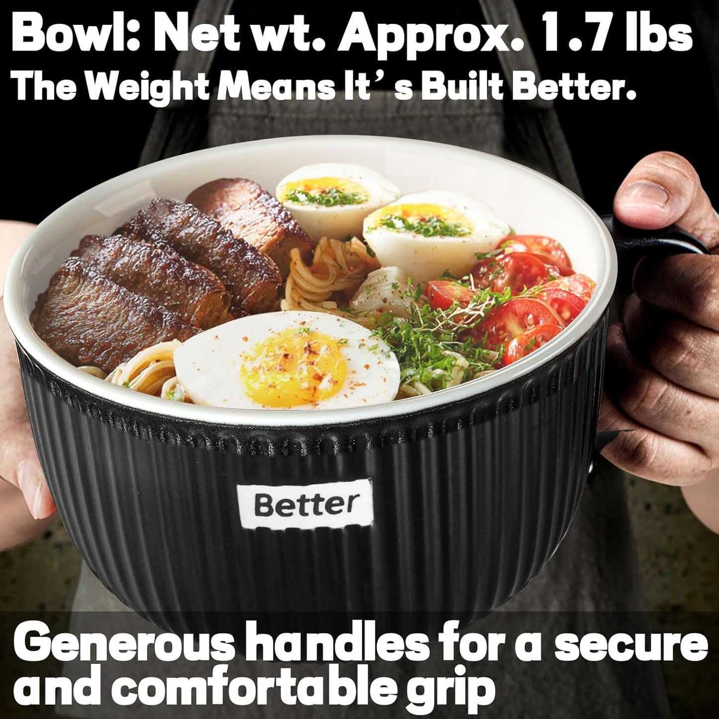 Artena 38 oz Soup Bowls - Large Microwave Safe Ceramic Ramen Bowls with Handles & Lids | Black, Set of 1