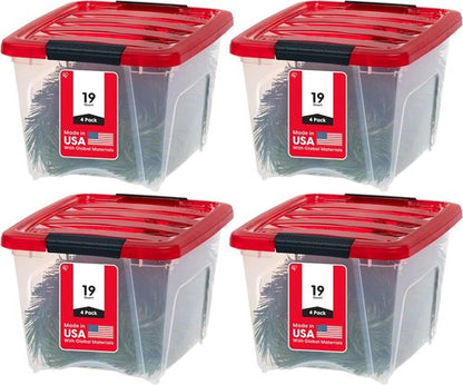 IRIS USA Stackable Plastic Storage Bins - 19 Qt, BPA-Free, Durable, See-Through, 4 Pack - Red