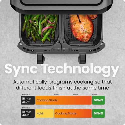 CHEFMAN 6 Quart Dual Basket Air Fryer - Easy View Windows, Sync Finish, Auto Shutoff | Black