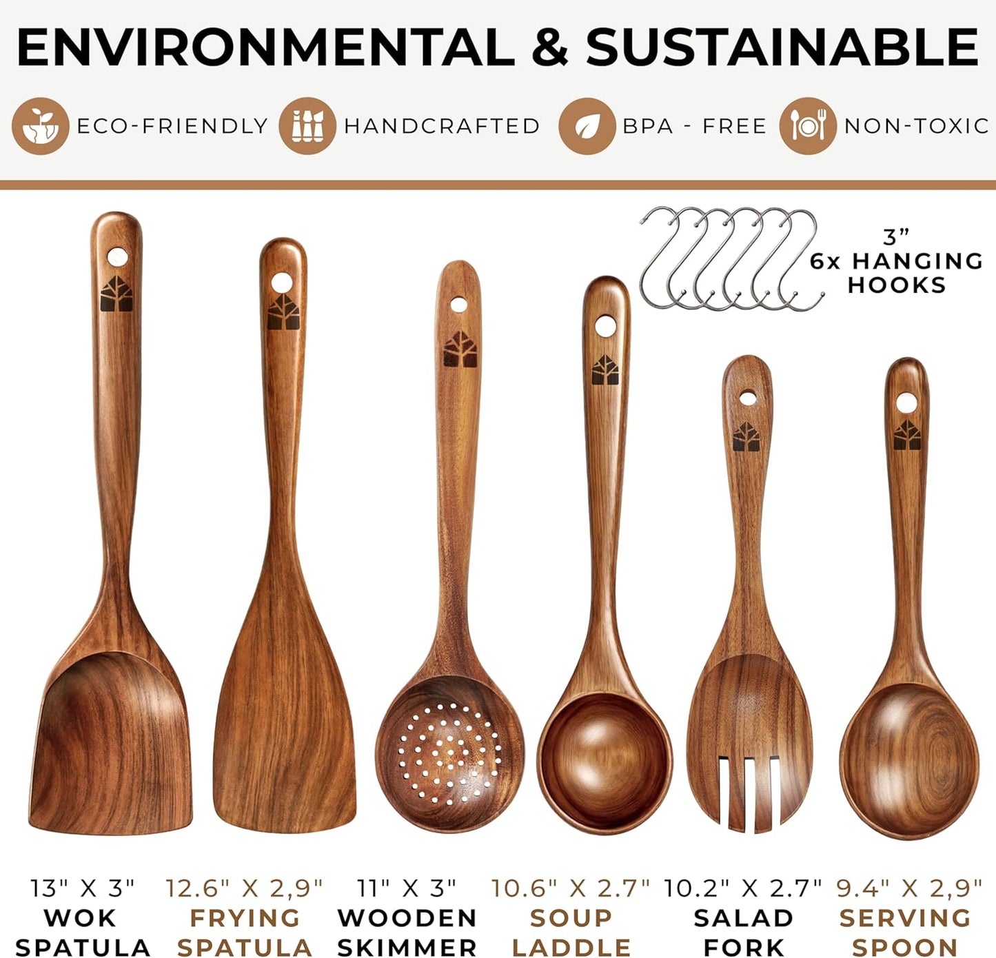 Skiennix Wooden Spoons - 6 Pcs Premium Teak Utensil Set | Durable, Nonstick, Easy to Clean & Heat Resistant
