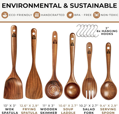 Skiennix Wooden Spoons - 6 Pcs Premium Teak Utensil Set | Durable, Nonstick, Easy to Clean & Heat Resistant