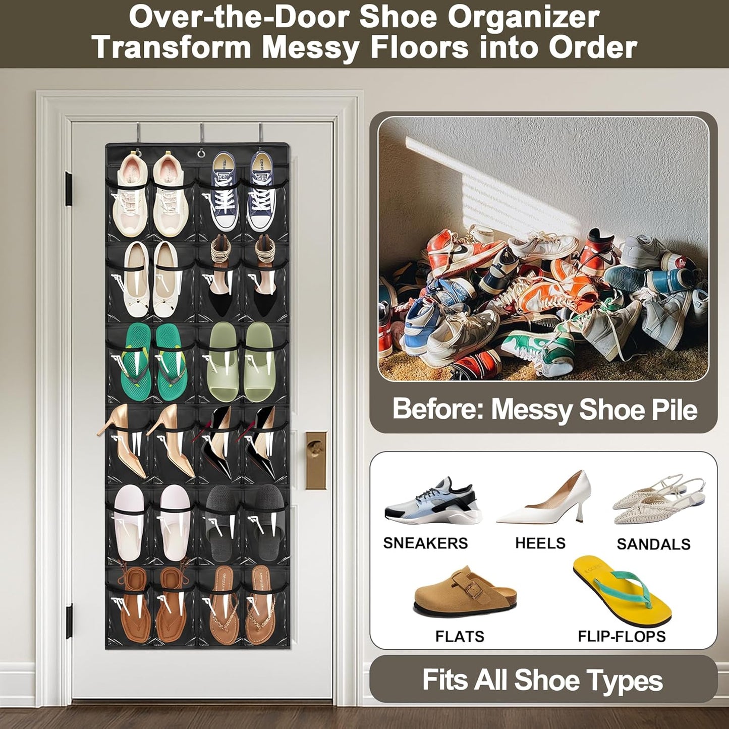Over The Door Shoe Organizer - Space-Saving Rack with 24 Clear Pockets & Metal Hooks | Black