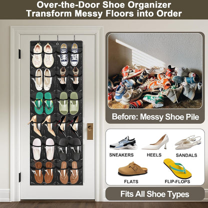 Over The Door Shoe Organizer - Space-Saving Rack with 24 Clear Pockets & Metal Hooks | Black