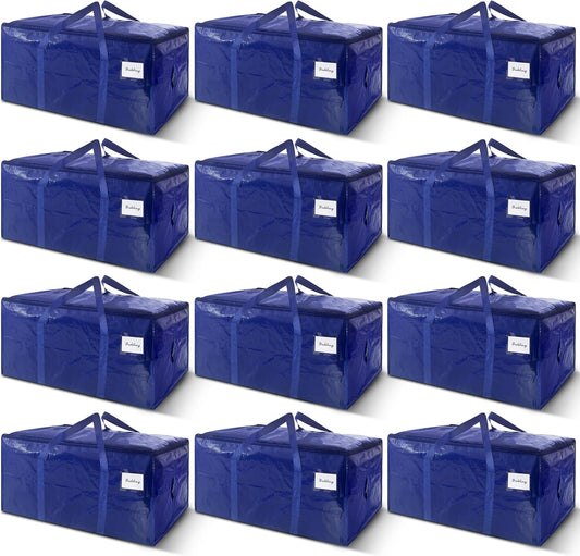 Skiennix Extra Heavy Duty Moving Bags - 12 Pack with Strong Zipper & Handles | 33 Gallon Dark Blue Storage Totes