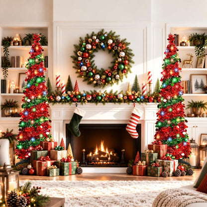 5ft Pop Up Christmas Tree with 90 LED Lights - Collapsible Tinsel Tree (Green) - Indoor Outdoor