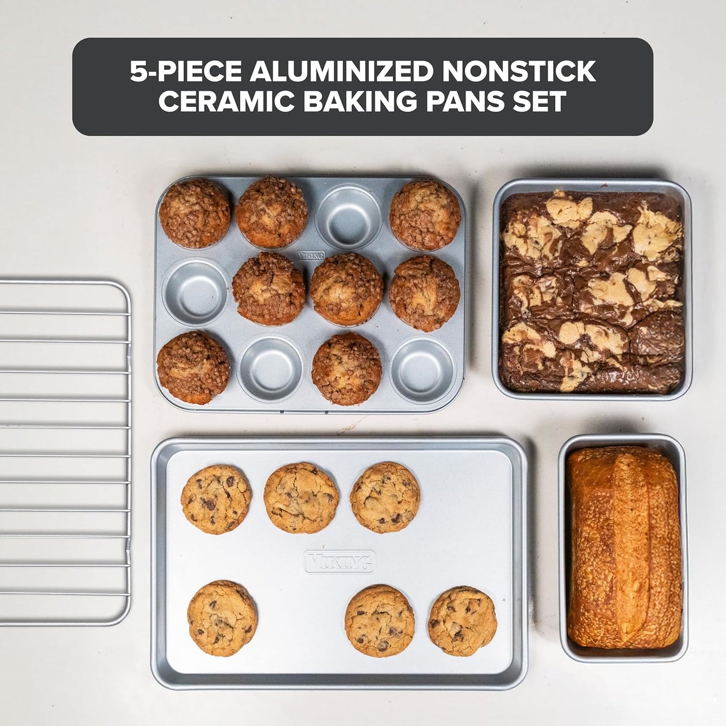 Viking Premium Nonstick Ceramic Baking Pans Set - PFAS-Free Heavy Gauge Bakeware | 5-Piece Oven Safe Set in Silver