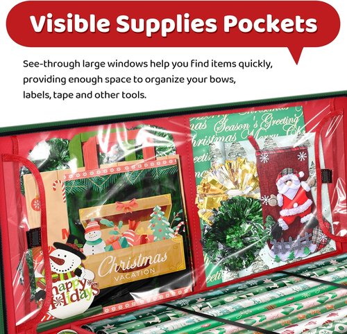 Fabspace Christmas Wrapping Paper Storage Organizer - 40 Inch Gift Wrap Container with Visible Pockets - Red