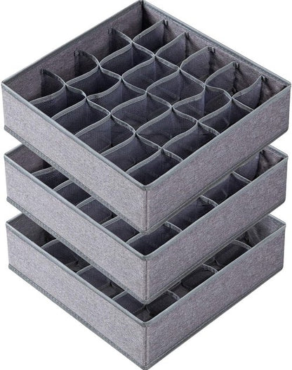 Criusia Sock Organizer - 3 Pack Fabric Drawer Dividers with 64 Cells for Socks, Underwear & Ties | Gray