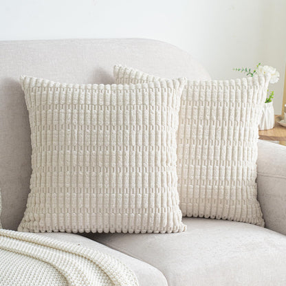 Skiennix Corduroy Throw Pillow Covers - Soft Boho Striped Design | 18x18 Inch Cream White Set of 2