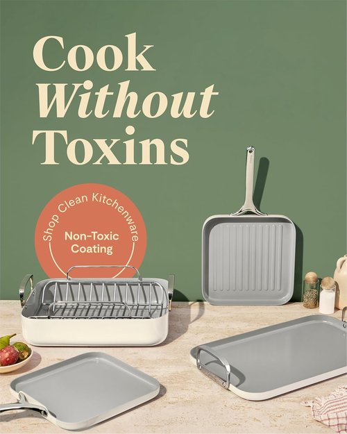 Caraway Square Cookware Set - Non-Stick Ceramic Pans for Griddling & Searing - PTFE & PFOA Free - Cream