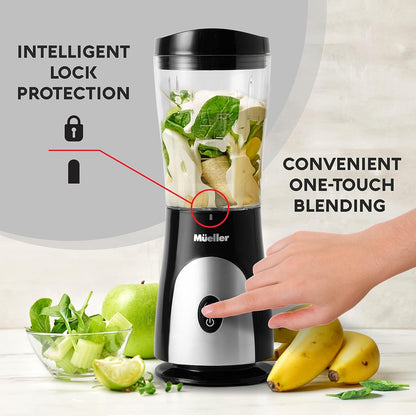 Mueller Smoothie Blender - Personal Blender for Shakes & Frozen Drinks | 15oz Travel Cup, Durable Stainless Steel Blades, Black