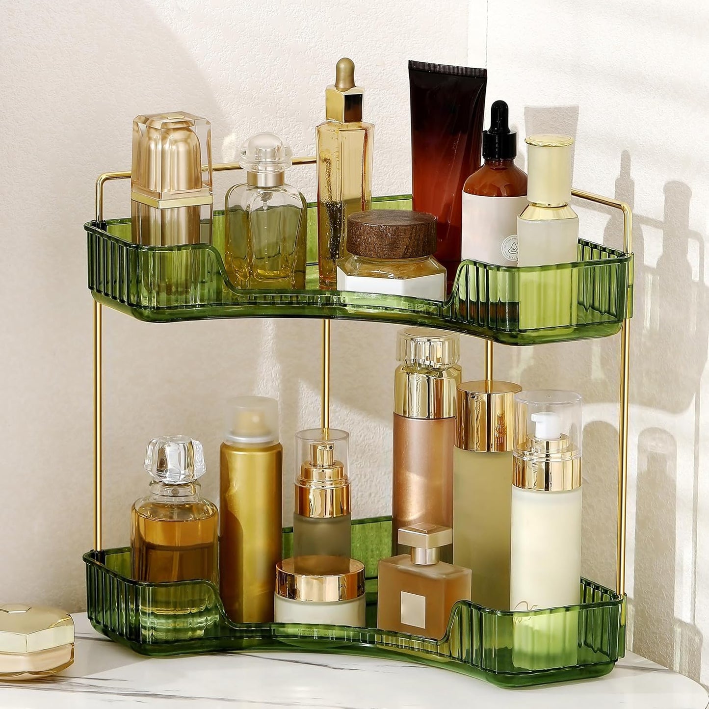 Skiennix Corner Bathroom Counter Organizer - 2-Tier Makeup Shelf & Perfume Tray in Green