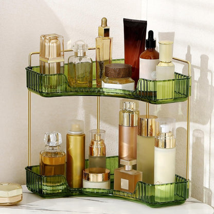 Skiennix Corner Bathroom Counter Organizer - 2-Tier Makeup Shelf & Perfume Tray in Green