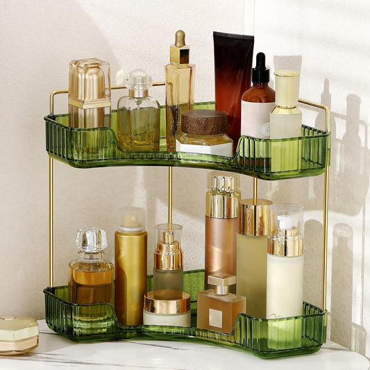 Skiennix Corner Bathroom Counter Organizer - 2-Tier Makeup Shelf & Perfume Tray in Green