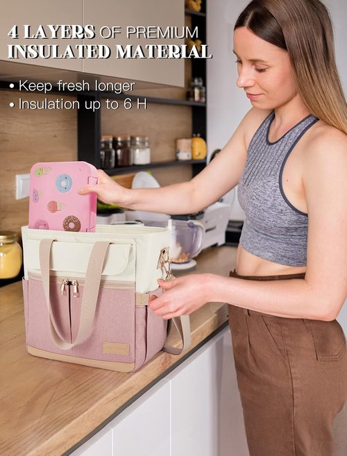 JOYHILL Insulated Lunch Bag - Leakproof Tote with Shoulder Strap | Reusable Cooler for Work, Picnic, Beach (Pink)