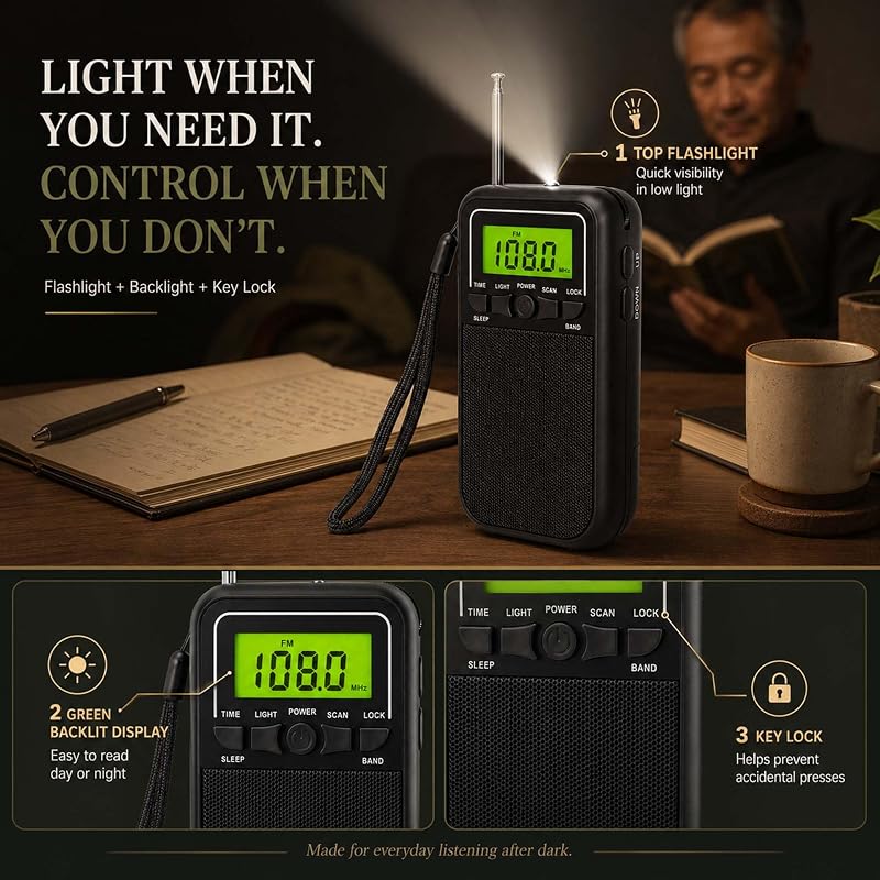 Portable AM FM Radio with Alarm, Sleep Timer & Flashlight