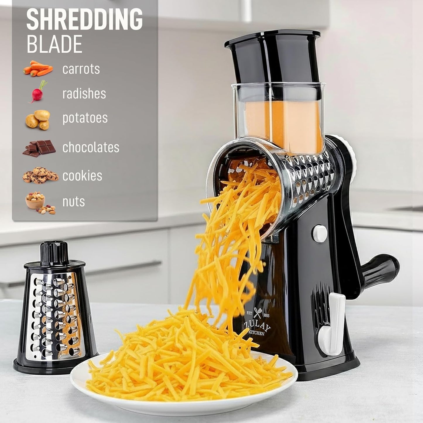 Zulay Kitchen Rotary Cheese Grater - 5 Blade Manual Hand Crank Shredder with Suction Base & Interchangeable Drums