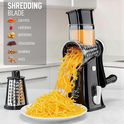 Zulay Kitchen Rotary Cheese Grater - 5 Blade Manual Hand Crank Shredder with Suction Base & Interchangeable Drums