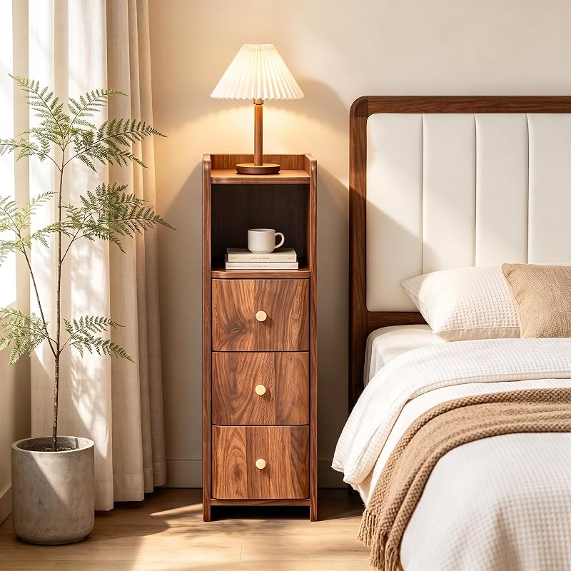 Walnut 3-Drawer Tall Nightstand - 27.56"H Narrow Bedside Storage, 7.87"W, 15.75"D