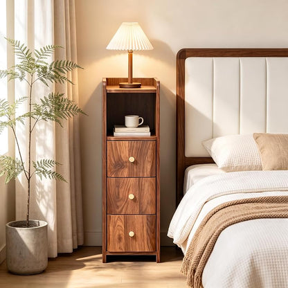 Walnut 3-Drawer Tall Nightstand - 27.56"H Narrow Bedside Storage, 7.87"W, 15.75"D