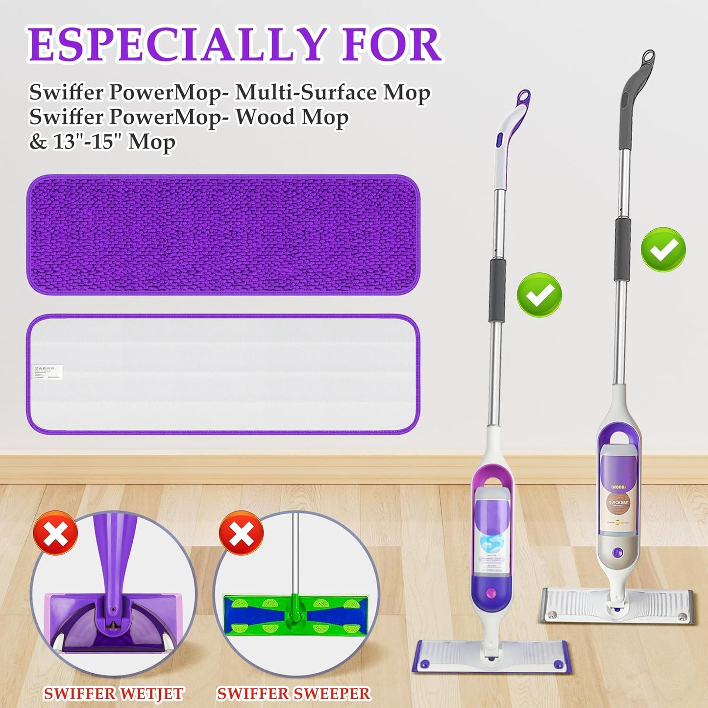 Papclean Microfiber Mop Pads - Reusable Wet Dry Cleaning Cloths for Swiffer PowerMop | 6 Pack for 13"-15" Floors