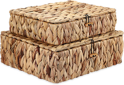 Regine Switzerland Set of 2 Handwoven Water Hyacinth Baskets - Decorative Storage Bins with Lids for Organizing
