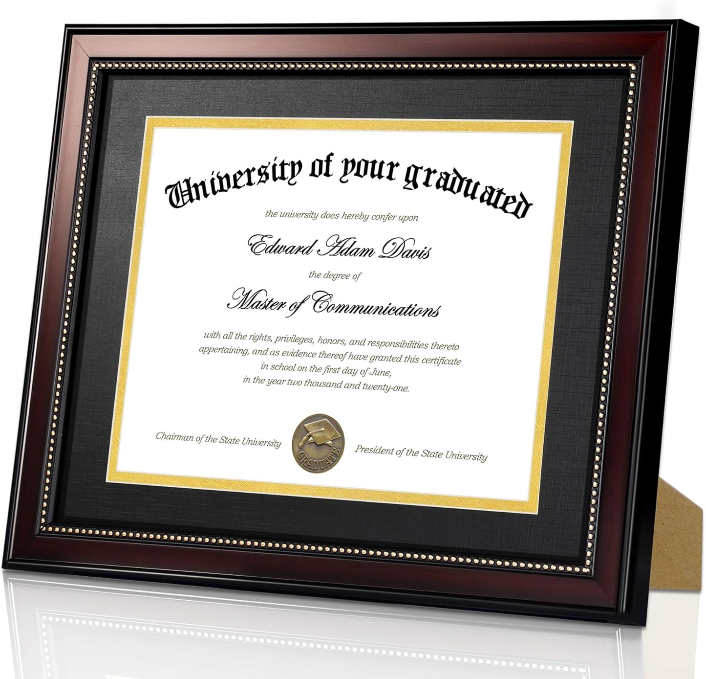 Upsimples 11x14 Diploma Frame - High Definition Glass, Mahogany with Gold Beads, Fits 8.5x11 Certificates