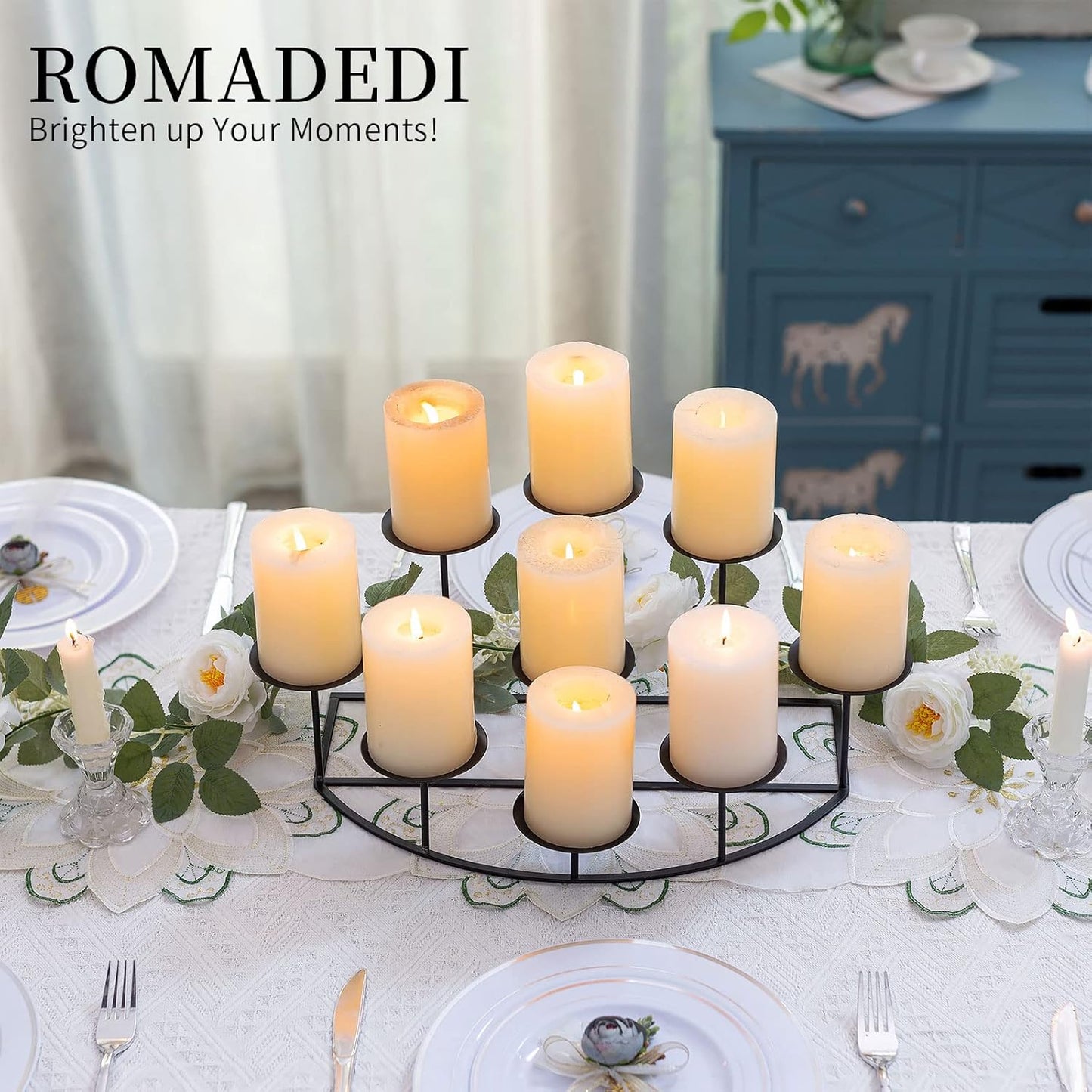 Romadedi Fireplace Candle Holder - Elegant 9-Arm Candelabra for Pillar Candles | Black Iron Centerpiece Decor