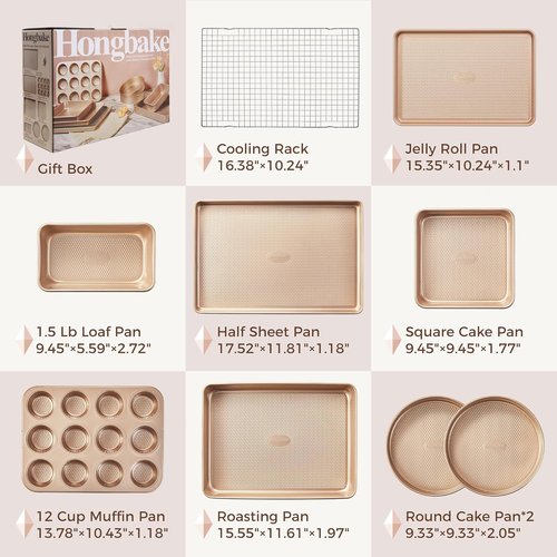 HONGBAKE 9-Piece Nonstick Baking Pans Set - Stackable, Non-Toxic Bakeware with Diamond Texture | Gold Finish