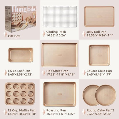HONGBAKE 9-Piece Nonstick Baking Pans Set - Stackable, Non-Toxic Bakeware with Diamond Texture | Gold Finish