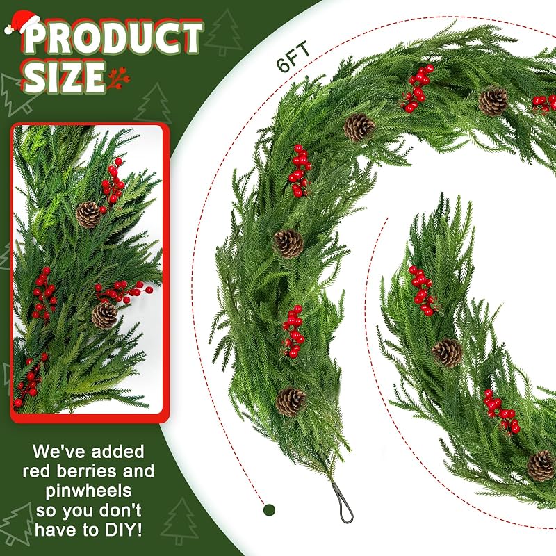 6Ft Norfolk Pine Garland with Red Berries & Pine Cones - Real-Touch Christmas Church Mantle