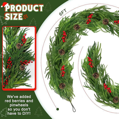 6Ft Norfolk Pine Garland with Red Berries & Pine Cones - Real-Touch Christmas Church Mantle