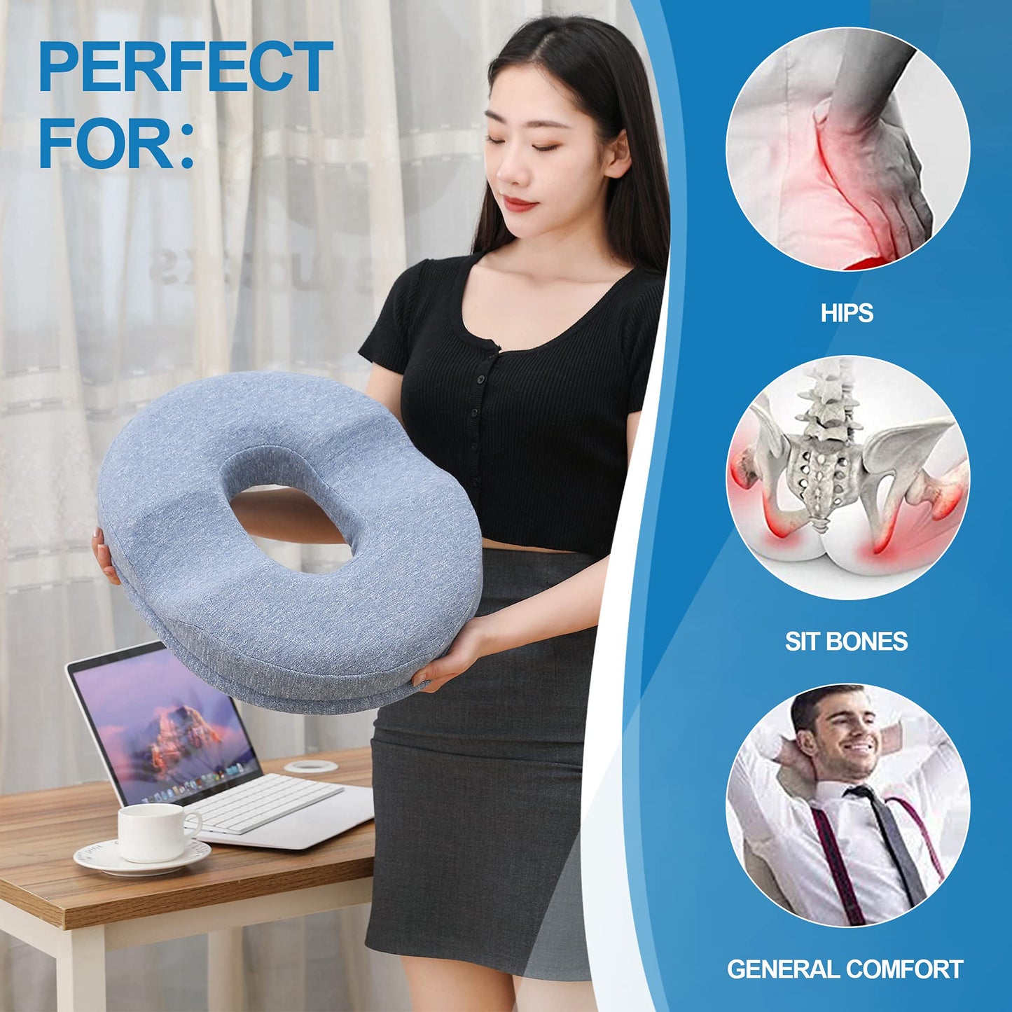 JEMA Donut Pillow, Tailbone Memory Foam Seat Cushion by Ergonomic Innovations for Sores, Coccyx, Sciatica, Pregnancy, Post Natal (Blue)