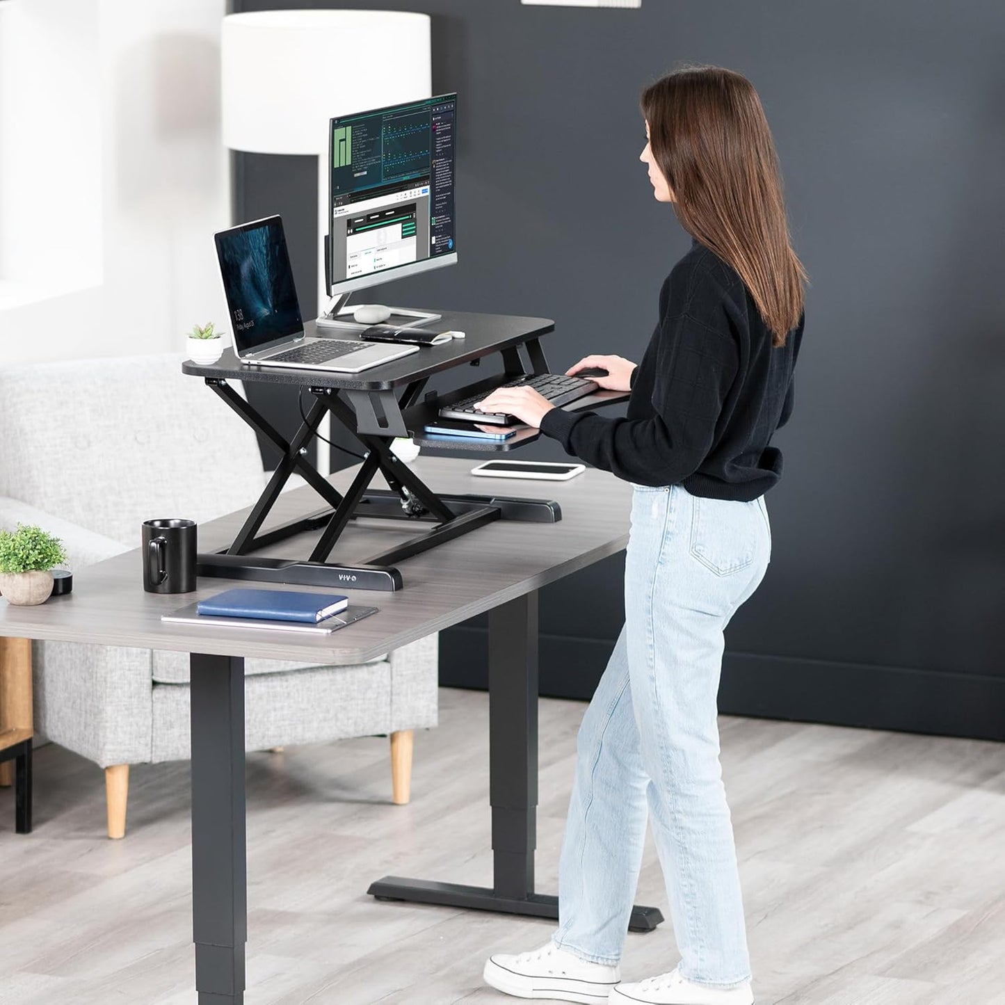 VIVO 32-Inch Height Adjustable Desk Converter - Dual Monitor Sit to Stand Workstation | Black