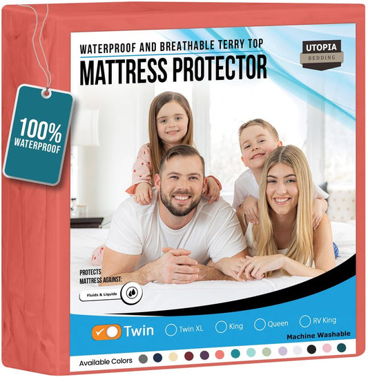 Utopia Bedding Waterproof Mattress Protector Twin Size, Premium Terry Mattress Cover 200 GSM, Breathable, Fitted Style with Stretchable Pockets (Coral)