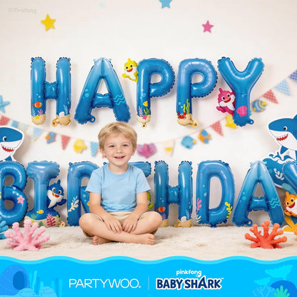 PartyWoo Baby Shark Blue Happy Birthday Banner - 16 Inch Mylar Foil Letter Balloons for Kids