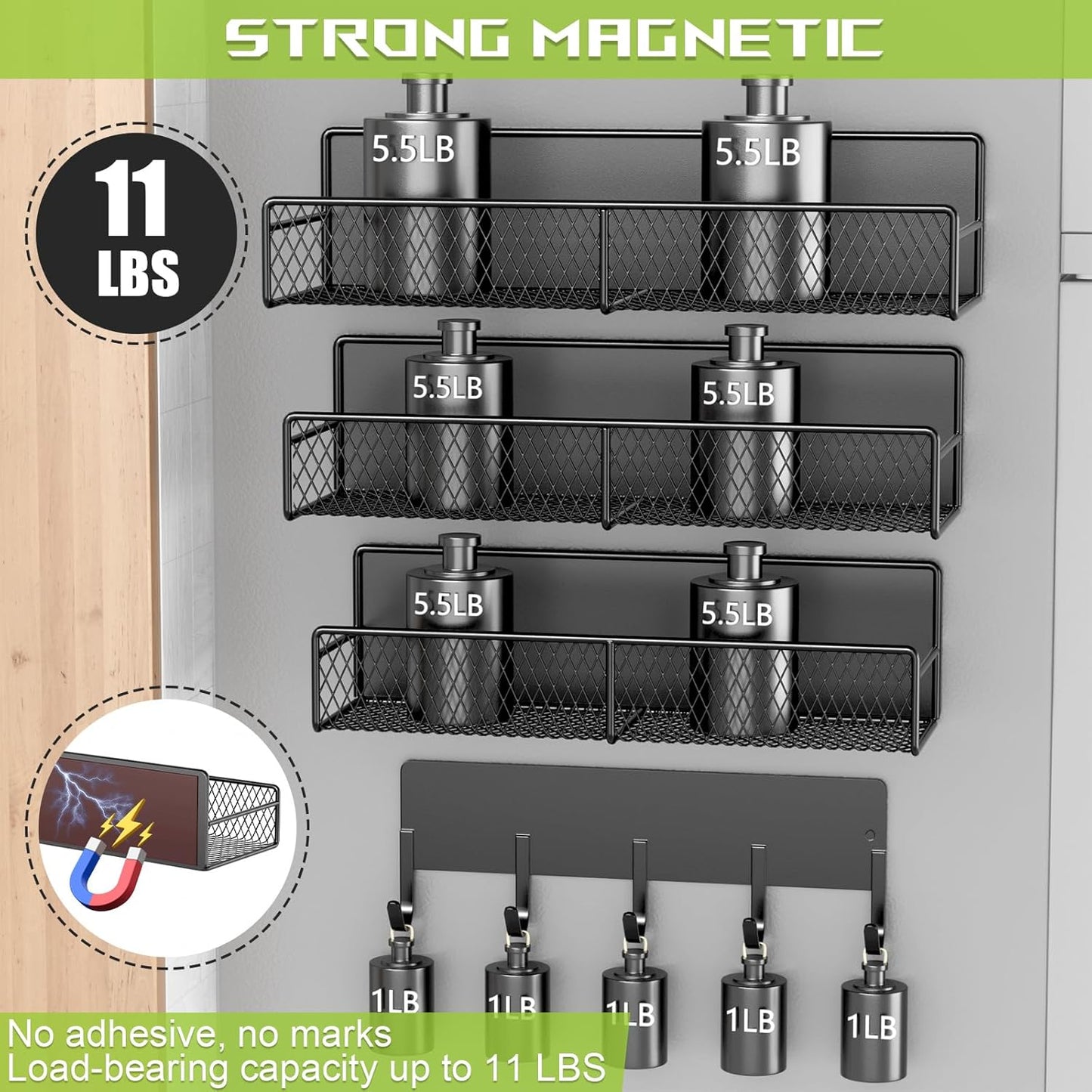 Skiennix Magnetic Shelves - Heavy-Duty Laundry Organizer with Hooks | 4 Pack, Black Storage Solution