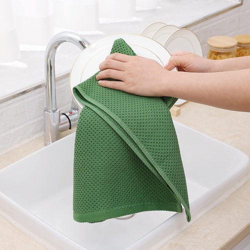 Homaxy 100% Cotton Waffle Weave Dish Towels - Ultra Soft & Absorbent | 13 x 28 Inches, 12-Pack, Grass Green
