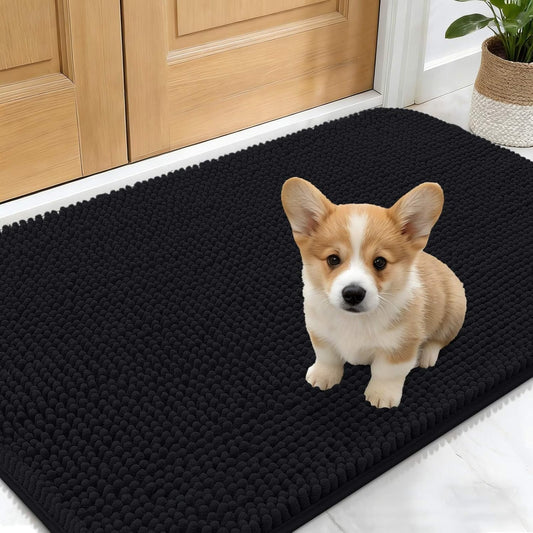 OLANLY Dog Door Mat - Absorbent Non-Slip Mud Mat for Dogs | 30x17 Inches, Quick Dry Chenille, Black