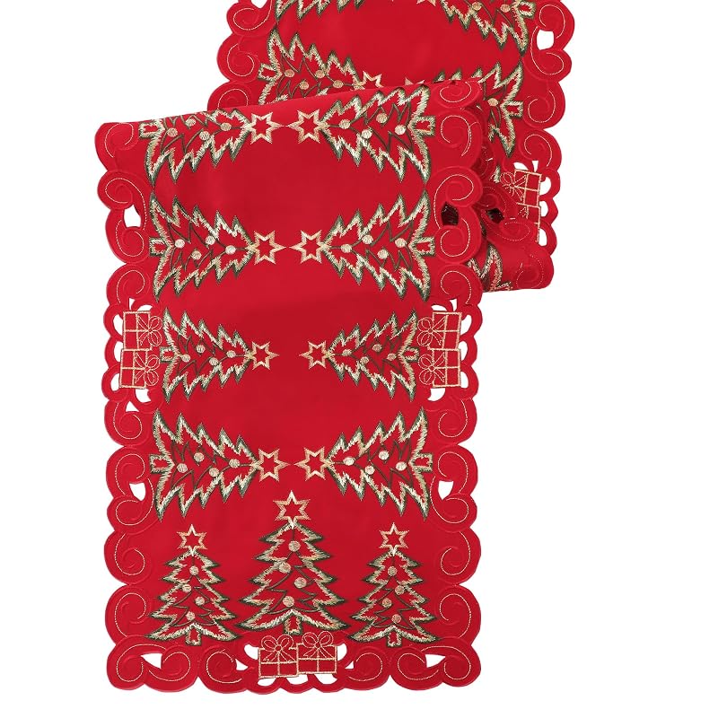 13"x70" Christmas Table Runner - Embroidered Red Tree & Gifts, Polyester | Simplebrand