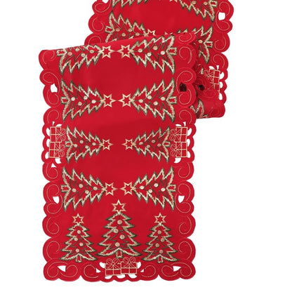 13"x70" Christmas Table Runner - Embroidered Red Tree & Gifts, Polyester | Simplebrand