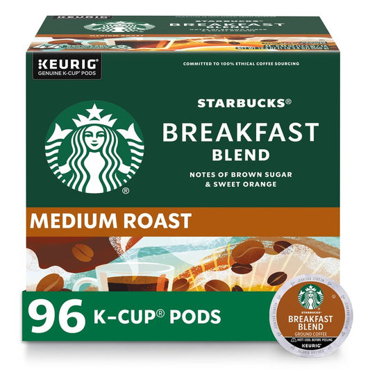 Starbucks K-Cup Coffee Pods, Medium Roast Hot or Iced Coffee, Breakfast Blend, 96 Keurig Pods