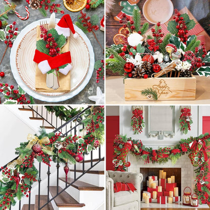 Pinecones Red Berry Picks - 12 Pcs Christmas Floral Stems for Wreaths, Garlands & Tree Decor