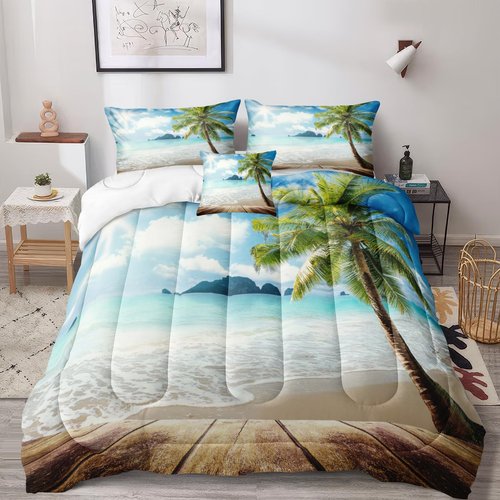 Bedbay Beach Theme Comforter Set Twin Size Tropical Bedding Twin Size Palm Tree Duvet Boys Girls Sunny Beach Coastal Bedding Down Comforter Soft Microfiber 2 Pcs Quilt Set