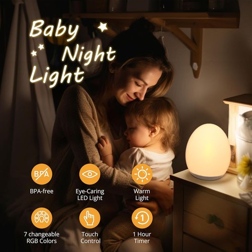 JolyWell Night Light - Rechargeable Baby Egg Lamp with 7 Color Modes & Touch Control | BPA Free, Wood Finish